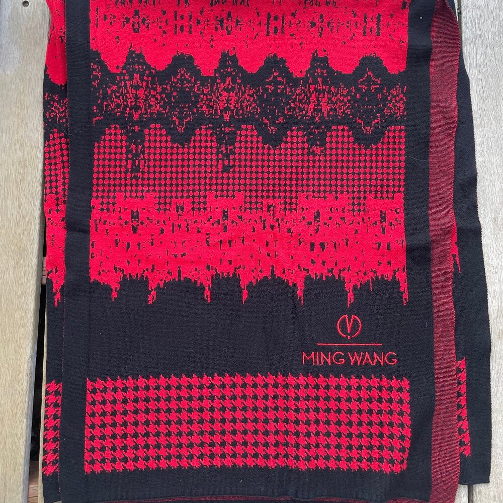 Ming Wang NYC Skyline Red/Black Mixed Pattern Wrap Sweater Poncho Cardigan - NWT
